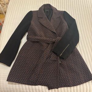 Patterned Trench Coat with Black Sleeves